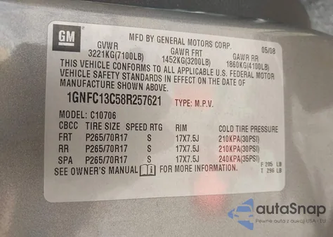 2008 Chevrolet Tahoe C1500 z USA, uszkodzony, nr VIN 1GNFC13C58R257621